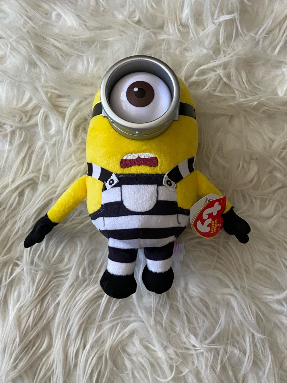 Ty Yellow Minion Plush in Black-and-White Striped Jail Outfit